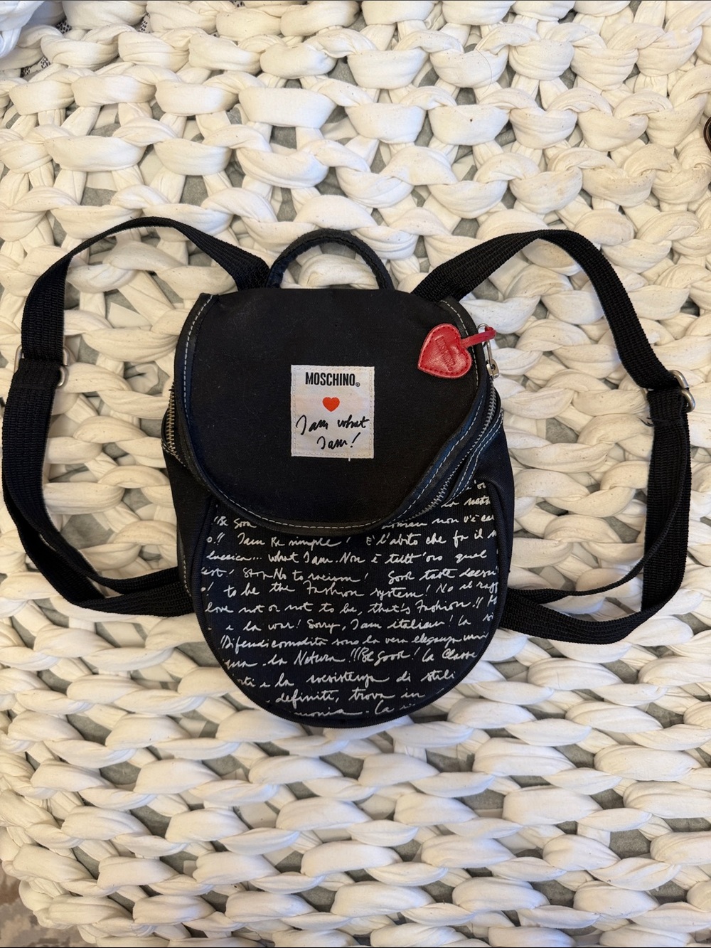 VINTAGE Moschino Black Canvas Mini Backpack with White Script and Red Heart Pull